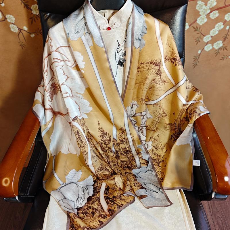 教师节礼物春秋金色牡丹真丝丝巾缎面桑蚕丝围巾杭州丝绸披肩妈妈