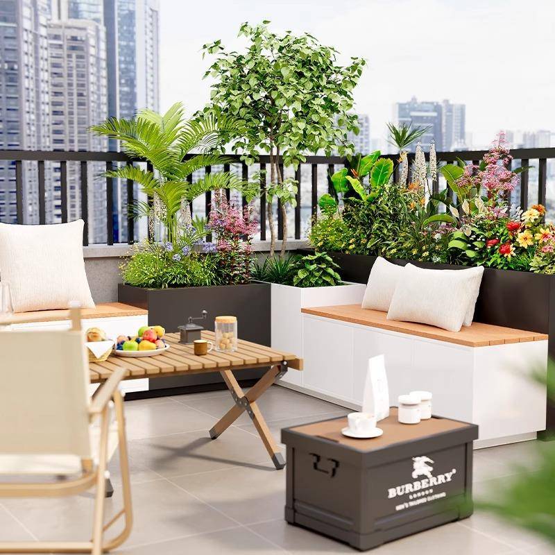 空中花园阳台金属成品花槽别墅庭院户外带塑木座椅花箱组合