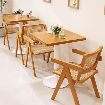 网红复古奶茶店桌椅组合实木藤编餐椅商用美式咖啡馆餐厅桌椅组合