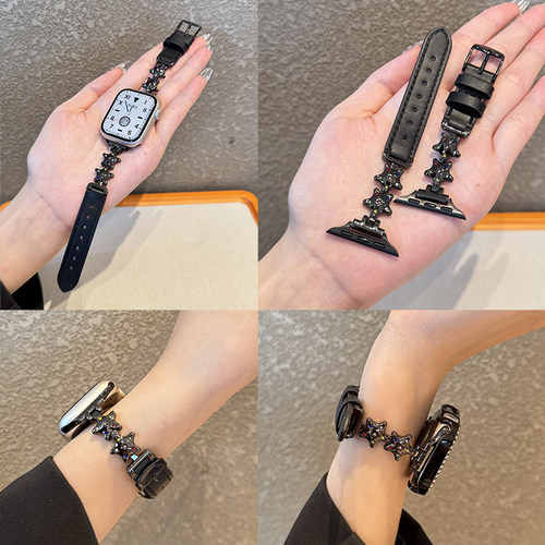 适用watchS10代星星创意真皮高级感applewatch9876se时尚苹果表带