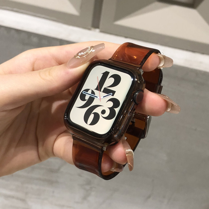 苹果手表9代41mm applewatch7654果冻套装茶棕色简约SE透明带男女
