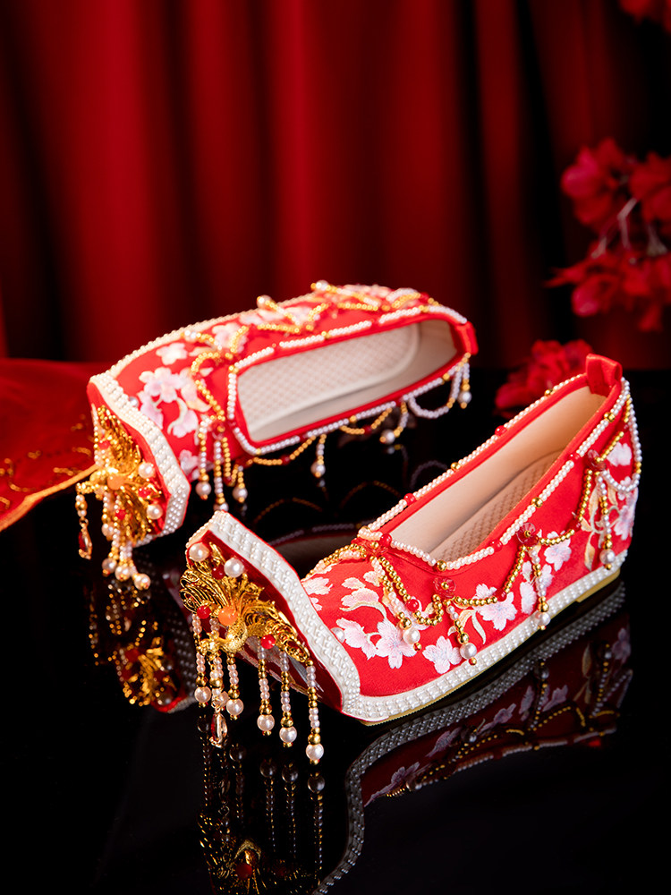 SANKENG GIRLS ORIGINAL WEDDING SHOES PHOENIX HEAVY INDUSTRIES HANDMADE CUSTOMIZED RED BAFFLE HANFU SHOES TASSEL BEADED BRIDAL SHOES