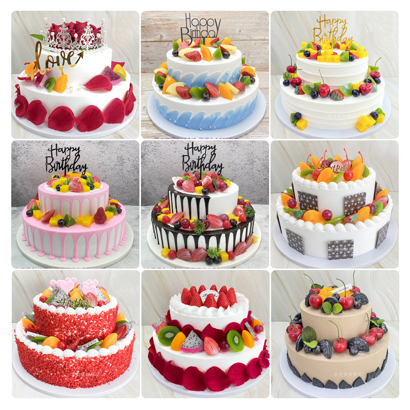 双层新款流行10寸12寸乳脂奶油欧式水果蛋糕仿真魔心定制橱窗样品