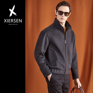 欧洲站秋冬新款毛呢夹克男桑蚕丝羊毛外套短款立领时尚新商务休闲