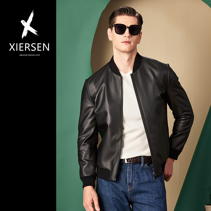 棒球领飞行员时尚绵羊皮真皮皮衣