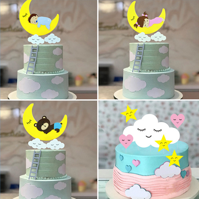 生日蛋糕配件装饰网红插件 月亮云朵插牌 星星熊卡通男孩女孩插卡