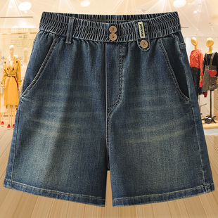 显瘦夏季 热裤 新款 大码 女 宽松mm直筒松紧薄款 高腰弹力牛仔五分短裤