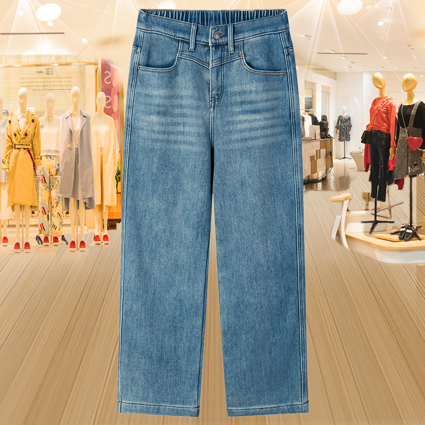 大码秋冬加绒牛仔裤女直筒休闲裤