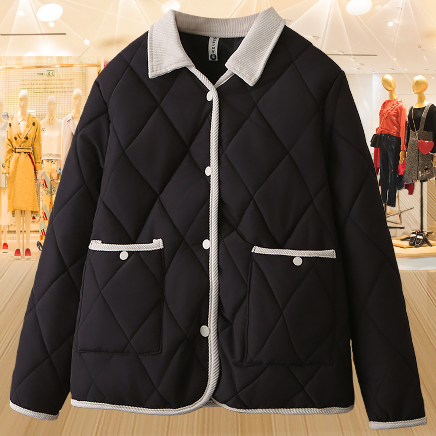 大码小香风撞色菱格翻领棉衣棉服