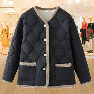 宽松加厚保暖棉衣秋冬 加绒棉服外套中年妈妈V领纽扣开衫 大码 女装