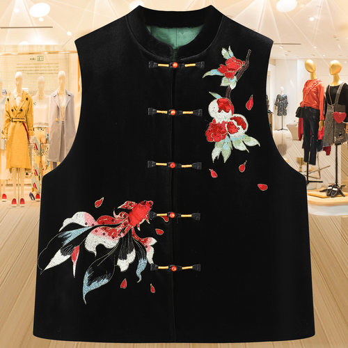 新中式立领夹棉刺绣丝绒马甲坎肩