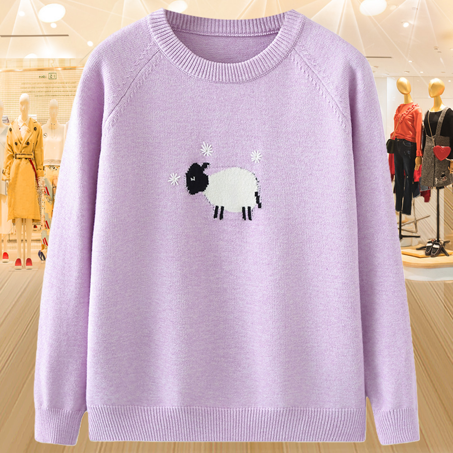 大码圆领毛衣女秋冬款刺绣针织衫