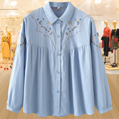 中老年长袖 衬衫 女2025秋季 加大码 新款 刺绣宽松棉麻衬衣Polo领上衣