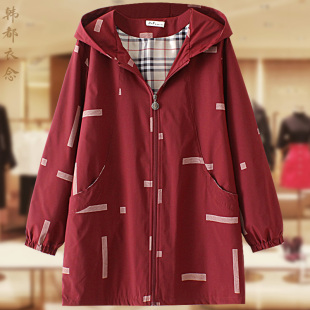 连帽休闲风衣外套 时尚 加大码 中年妈妈风衣女200斤宽松显瘦中长款