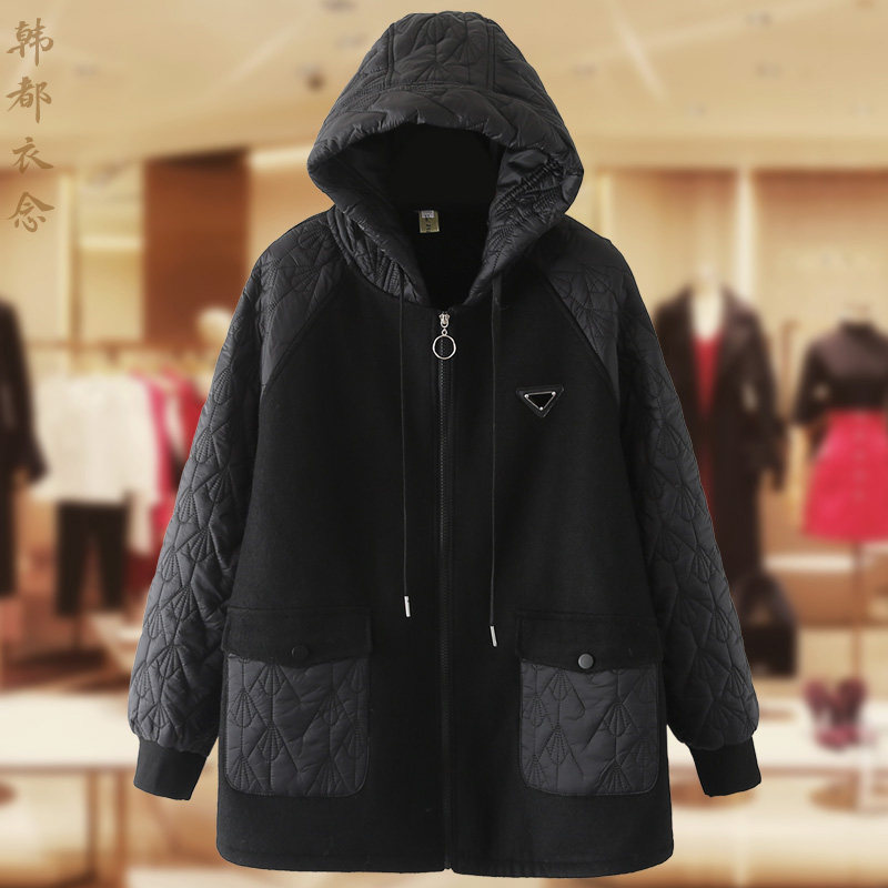 秋冬毛呢拼接夹棉棉衣中年妈妈大码宽松洋气加绒加厚连帽棉服外套,女装/女士精品,中老年女装,淘宝优惠券,粉丝福利购,淘宝优惠卷