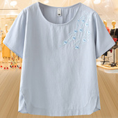 刺绣短袖 t恤女2025夏季 新款 大码 高档中年妈妈装 宽松圆领棉麻上衣