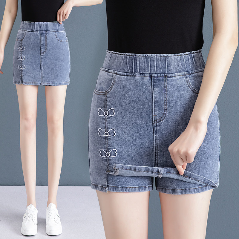 牛仔短裤女薄款夏防走光弹力a字半身裙松紧高腰收腹短裙包臀裤裙