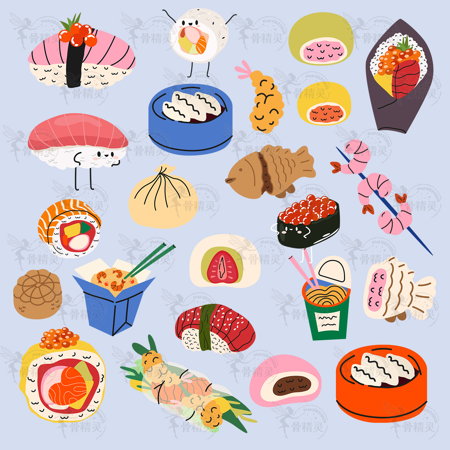 可爱卡通日式料理寿司刺身和果子包子美食插画AI矢量PNG设计素材