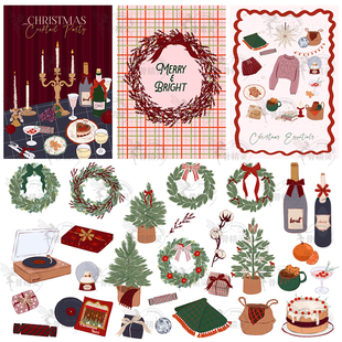 复古红绿色圣诞节晚餐美食插画树花环海报背景AI矢量设计素材模板