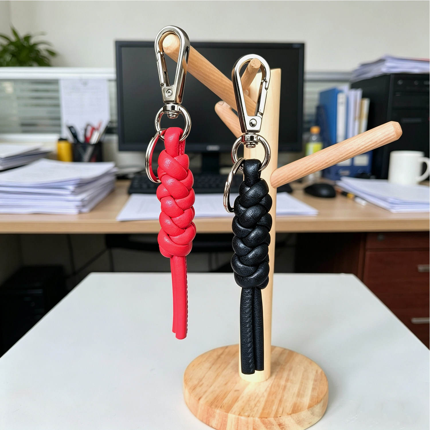 COS同款皮革纽结真皮钥匙扣挂件手工编织包挂配饰男女礼物