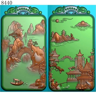 8440双龙山水精雕图JDP格式灰度图BMP格式浮雕挂件图电脑雕刻图