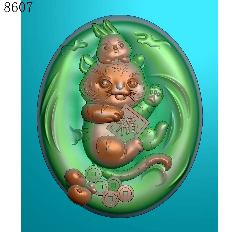 8607生肖老虎有线精雕图jdp格式灰度图bmp格式浮雕挂件图雕刻图