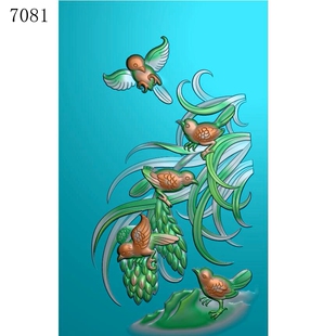 7081五子登科花鸟雕刻北京精雕图JDP玉雕灰度图挂件BMP浮雕图
