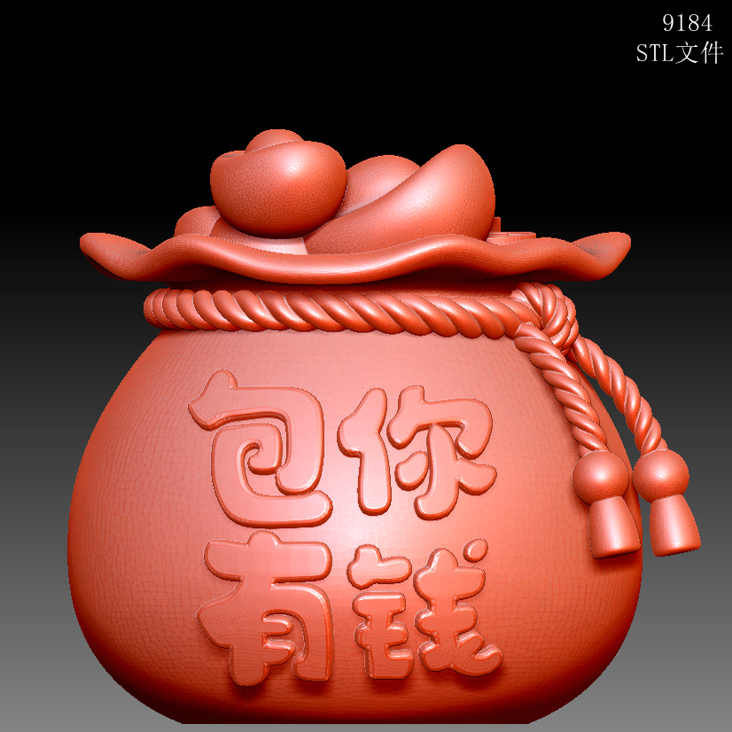 9184发财福袋罐子圆雕图雕刻机3D打印素材STL格式模型图OBJ精雕