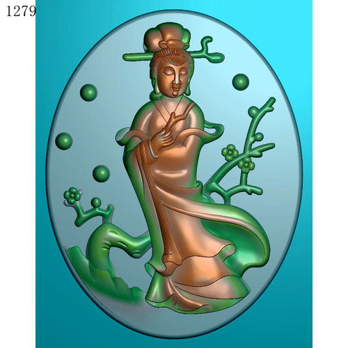 寻梅美女1279玉雕刻图北京精雕图JDP灰度图BMP挂件素材浮雕图