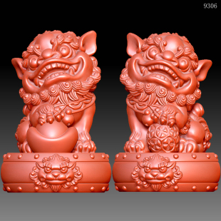9306招财进宝狮子鼓圆雕图雕刻机3D打印素材STL格式模型图OBJ精雕