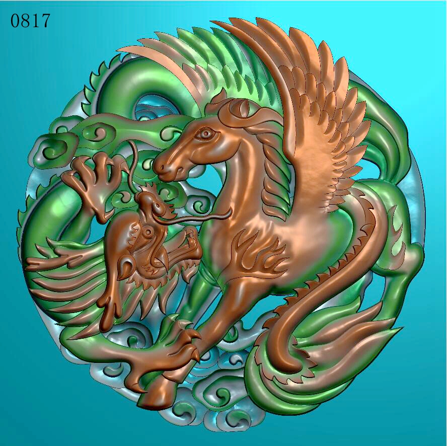 圆牌龙马0817玉雕刻图北京精雕图JDP灰度图BMP挂件素材浮雕图