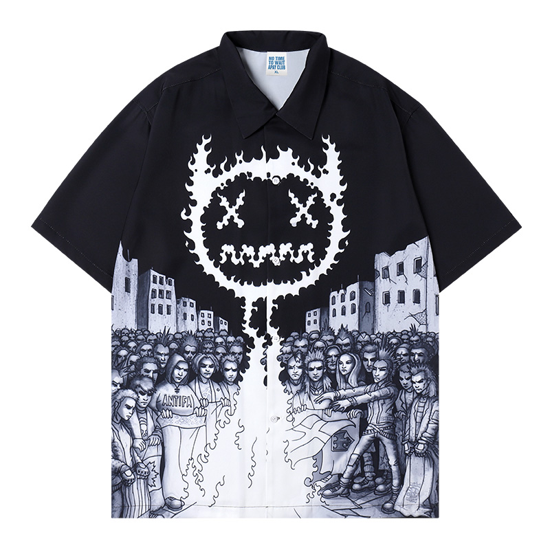 2024夏季新款学生字母涂鸦印花短袖男女沙滩衬衫A438-CY048-P60，男装衬衫，电商A438