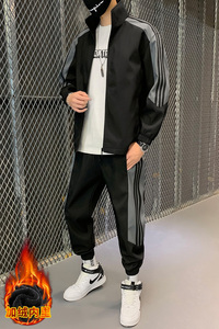 A438-JRD02-P100 秋冬季铁网男士连帽工装夹克加绒休闲运动套装潮图片