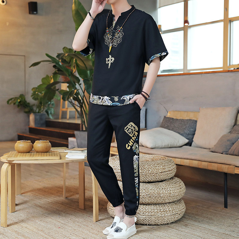 夏季冰丝短袖t恤2025新款风套装唐装宽松汉服 A438-2202-P65图片
