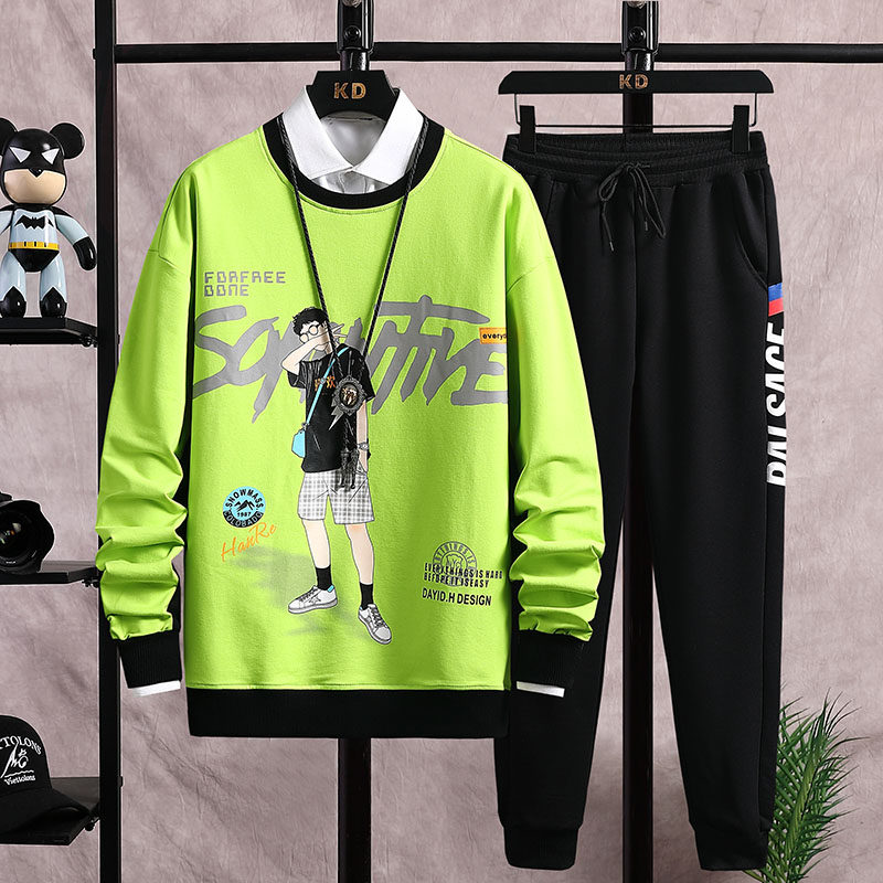 A438-9004-P802025秋季新款潮牌宽松橱窗挂拍动漫印花休闲套装潮，男装休闲套装，电商A438