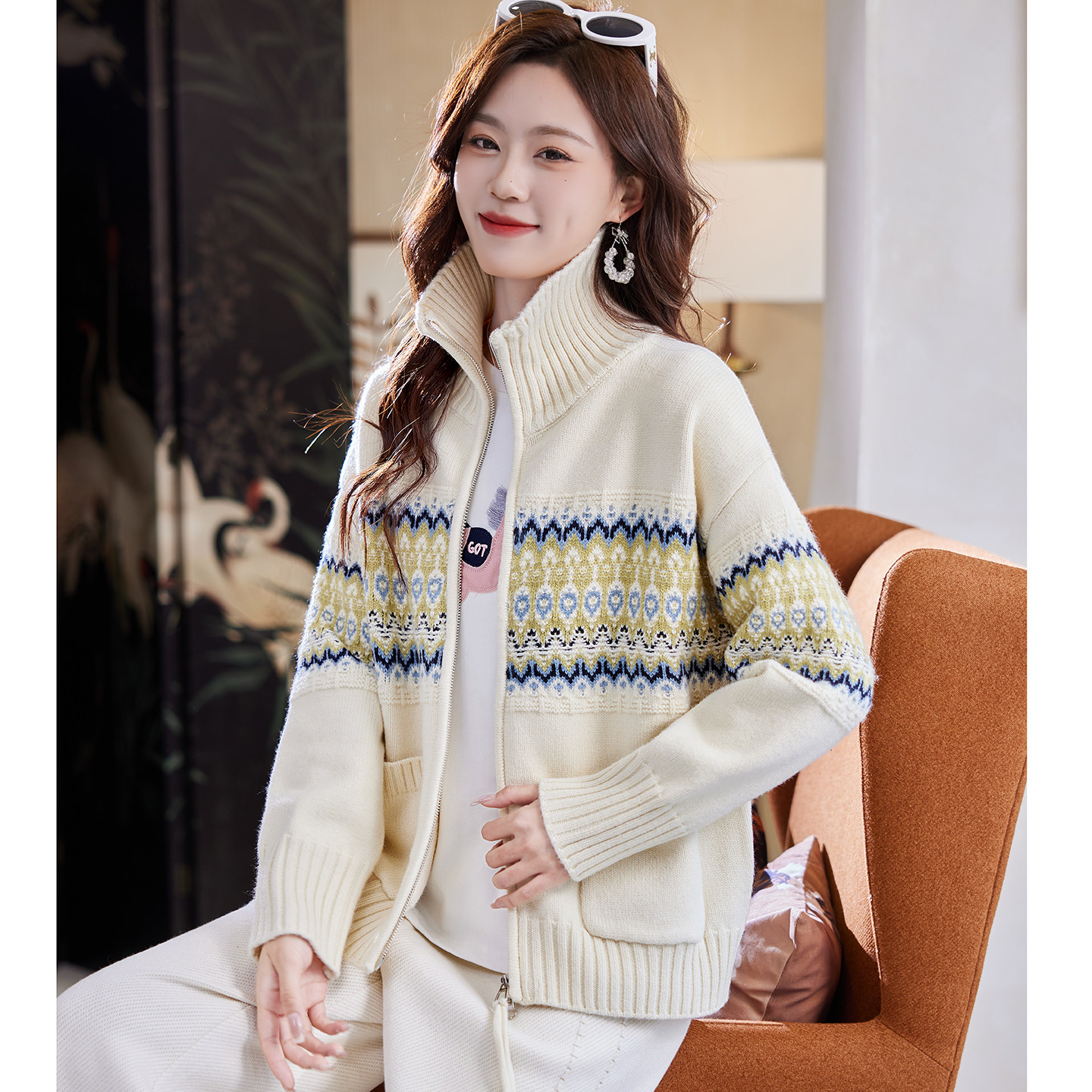 宝诗黎立领条纹提花针织外套2026早春韩系费尔岛休闲百搭慵懒上衣,女装/女士精品,短外套,淘宝优惠券,粉丝福利购,淘宝优惠卷