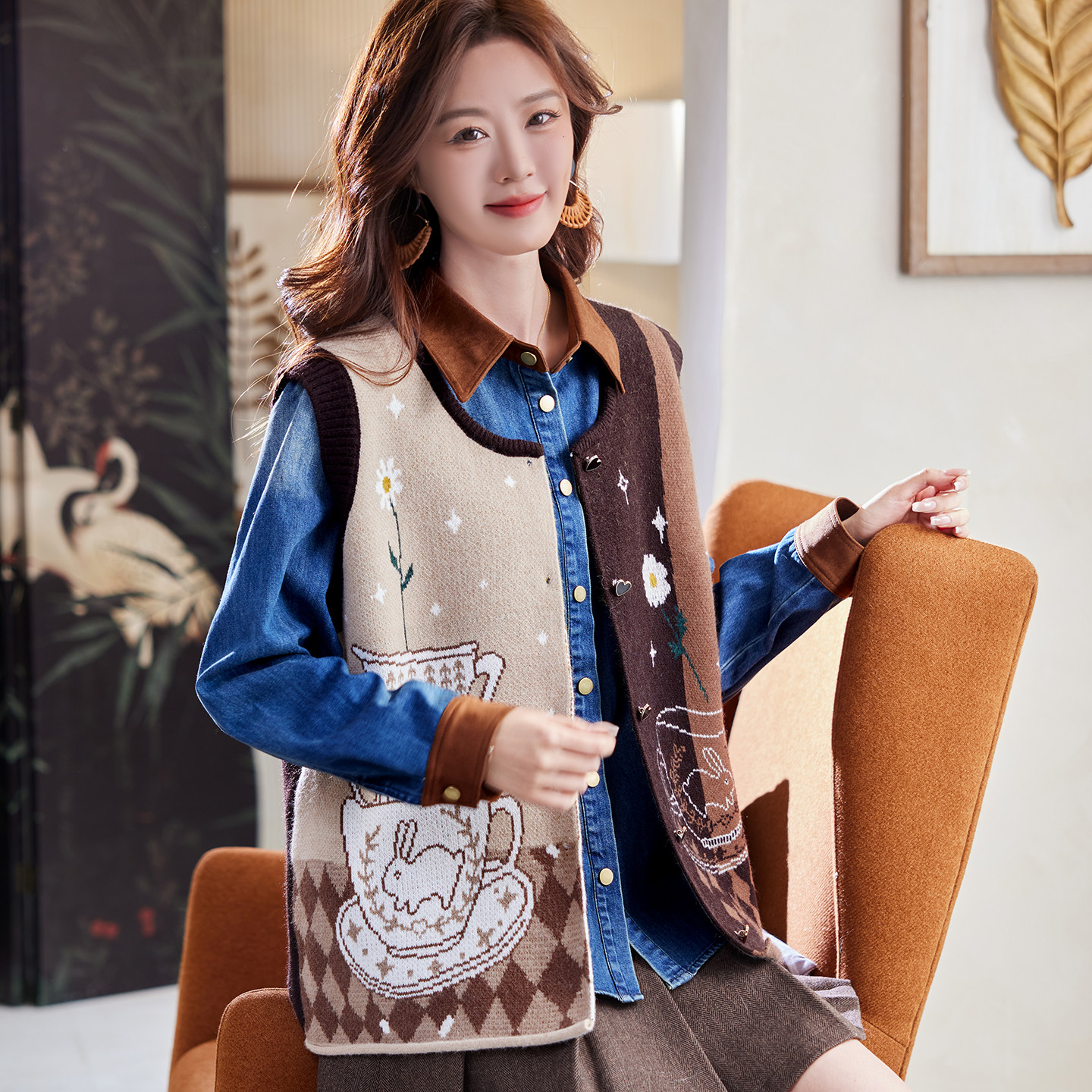 宝诗黎圆领提花针织马甲外套2026早春洋气复古百搭宽松慵懒上衣女,女装/女士精品,马夹,淘宝优惠券,粉丝福利购,淘宝优惠卷