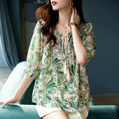 宽松减龄上衣女V领系带复古碎花雪纺衫 宝诗黎2026春夏新款 七分袖