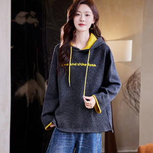 宝诗黎连帽字母刺绣加绒卫衣2025冬季宽松慵懒百搭加厚保暖上衣女