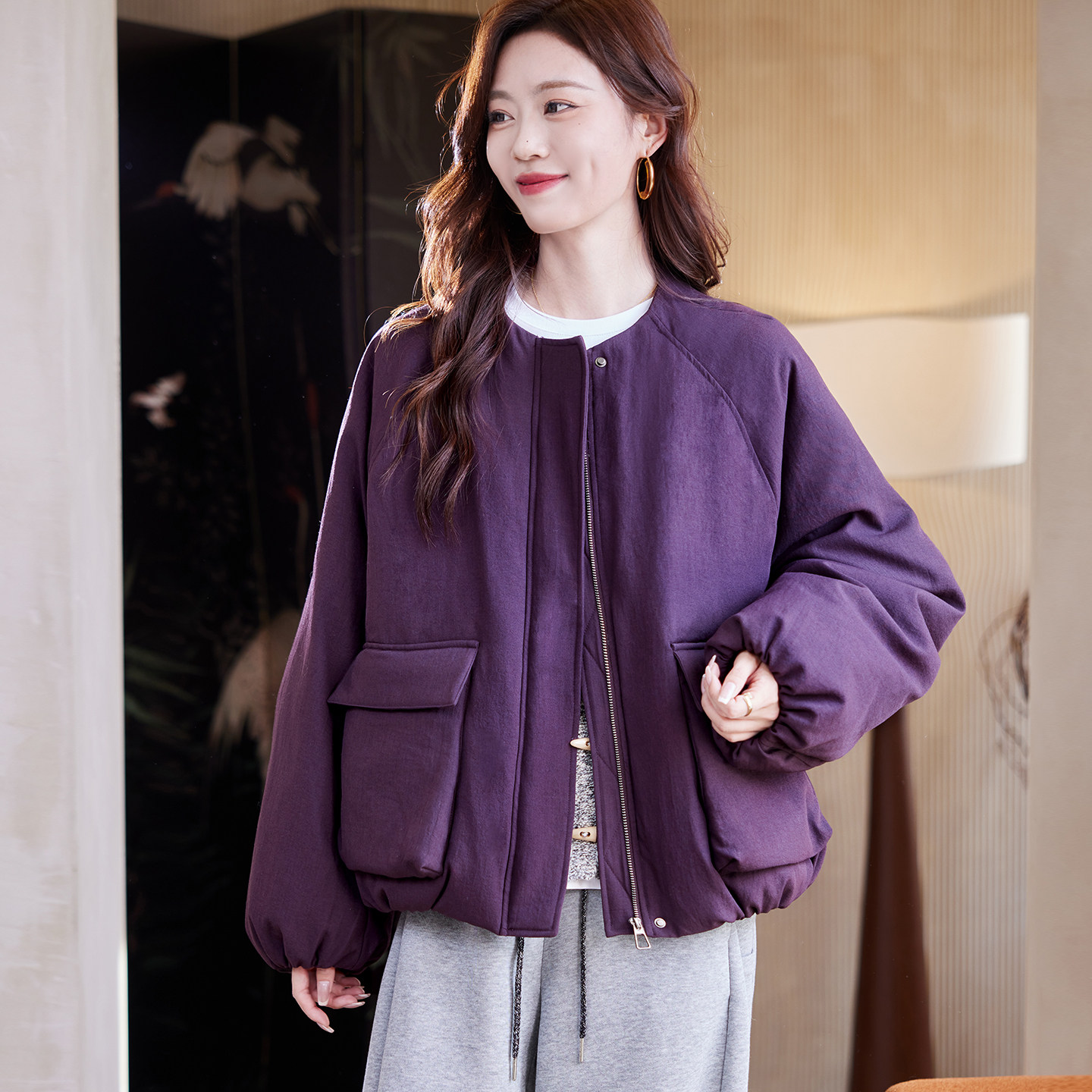宝诗黎围脖保暖宽松羊毛棉服外套2025冬季韩版休闲百搭大码女装