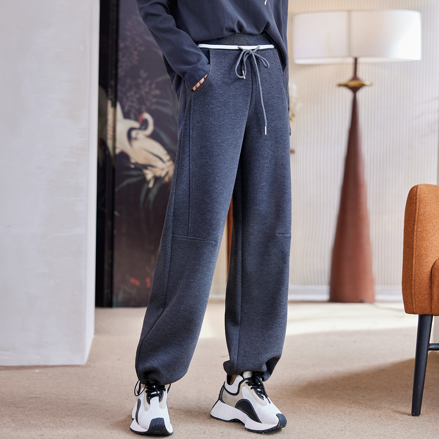 宝诗黎松紧腰抽绳宽松休闲裤2025秋冬阔腿显瘦百搭运动束脚卫裤女