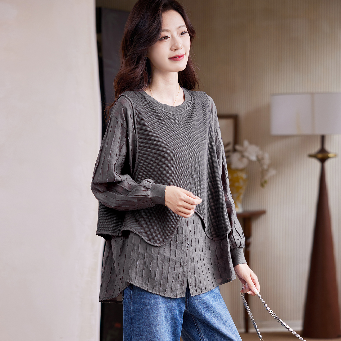 宝诗黎假两件针织拼接衬衫