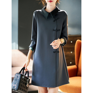 长袖 新款 拼接女士中长裙子 直筒连衣裙2026春装 宝诗黎翻领盘扣中式
