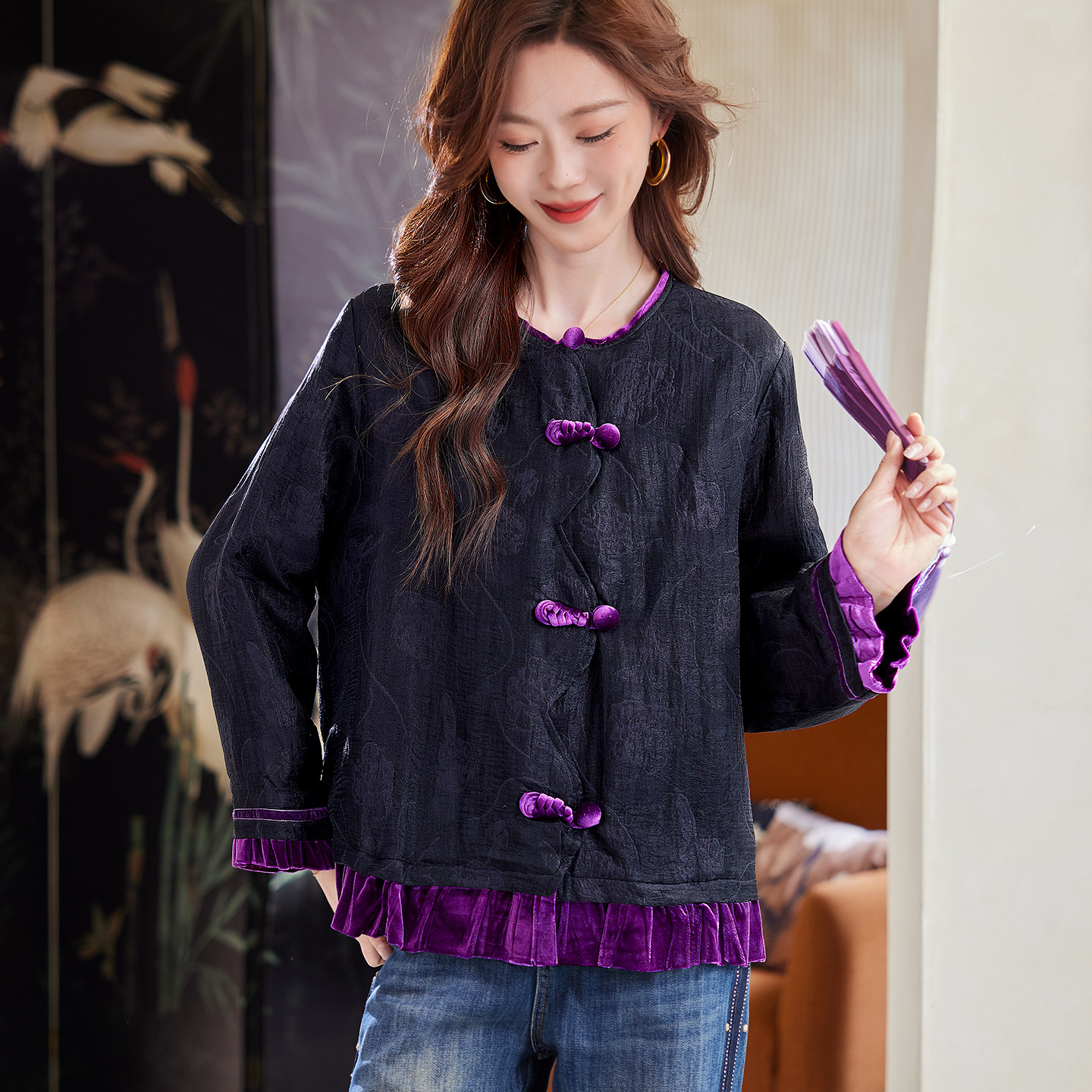 宝诗黎盘扣丝绒拼接外套女2026春季气质国风新中式宽松时尚上衣,女装/女士精品,短外套,淘宝优惠券,粉丝福利购,淘宝优惠卷