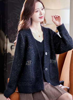 宝诗黎V领亮片针织开衫外套2026春季韩系气质小香风慵懒宽松女装