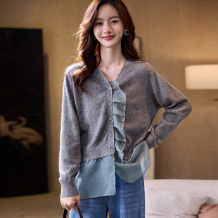宝诗黎V领网纱拼接针织衫2026春季韩系洋气简约休闲百搭时尚女装