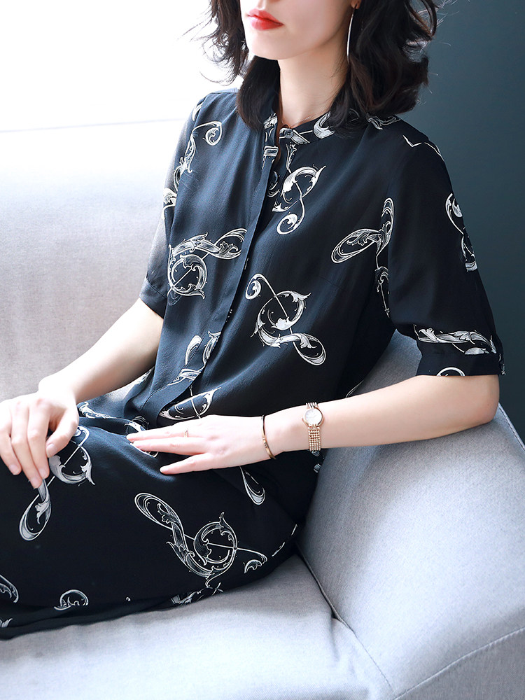 Baoshili ribbon five-quarter sleeves printed mulberry silk dress 2022 new summer temperament skirt fashion a-line skirt