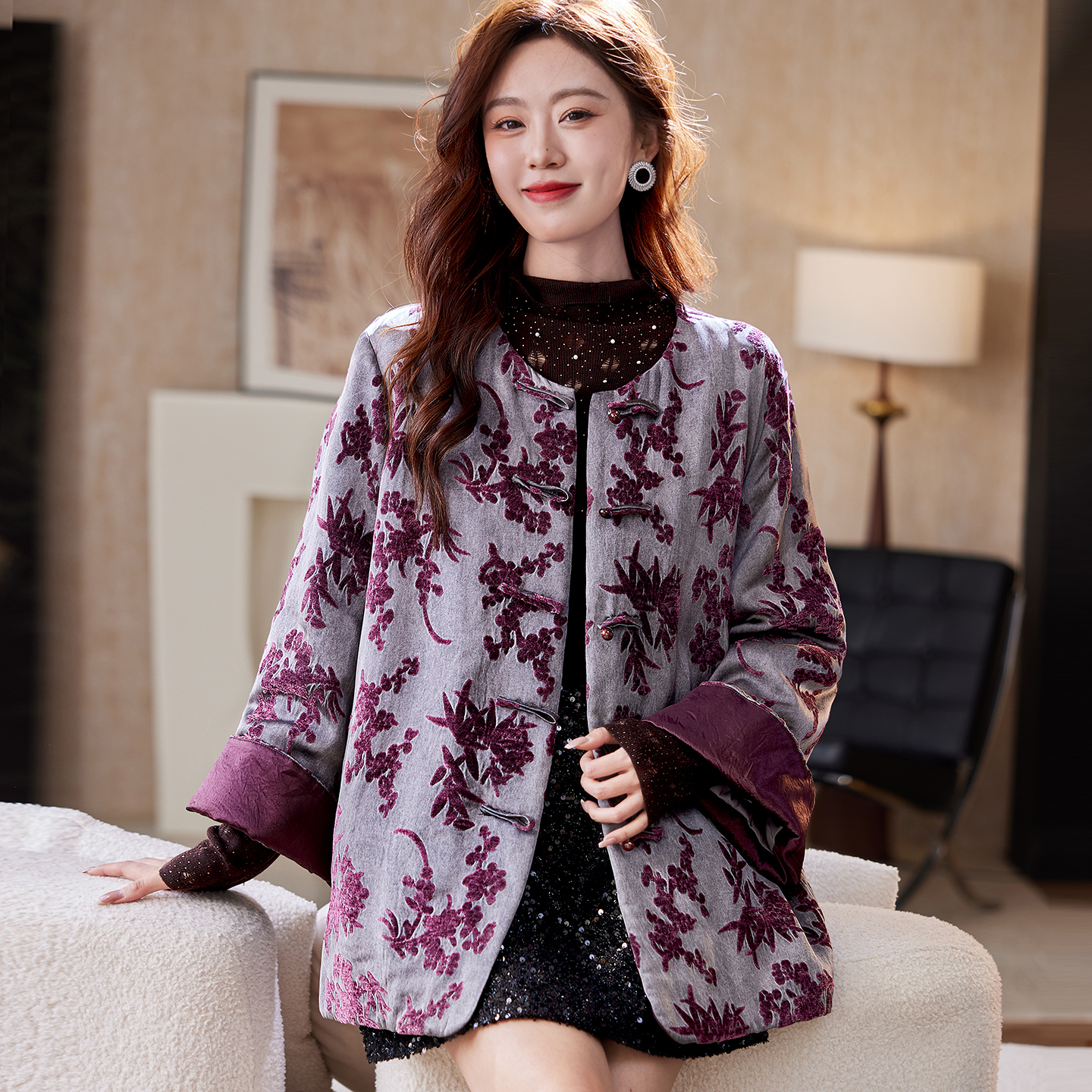 宝诗黎新中式盘扣提花外套