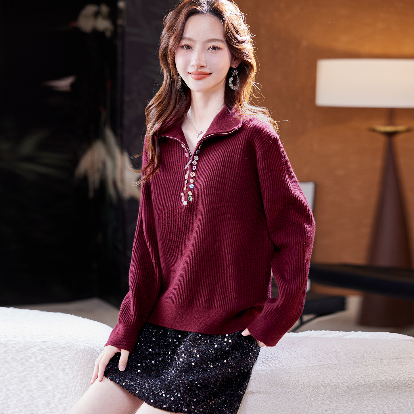 宝诗黎半开领彩扣慵懒毛衣