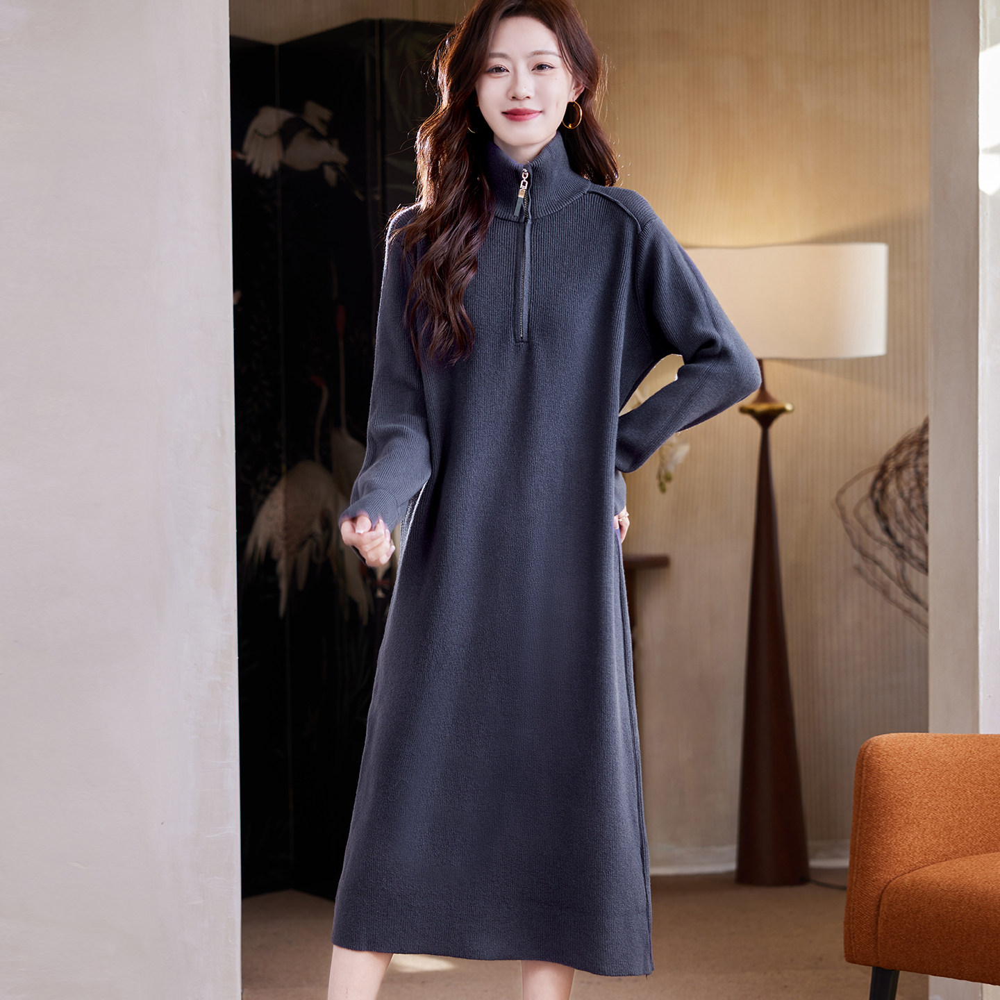 宝诗黎高领气质针织连衣裙